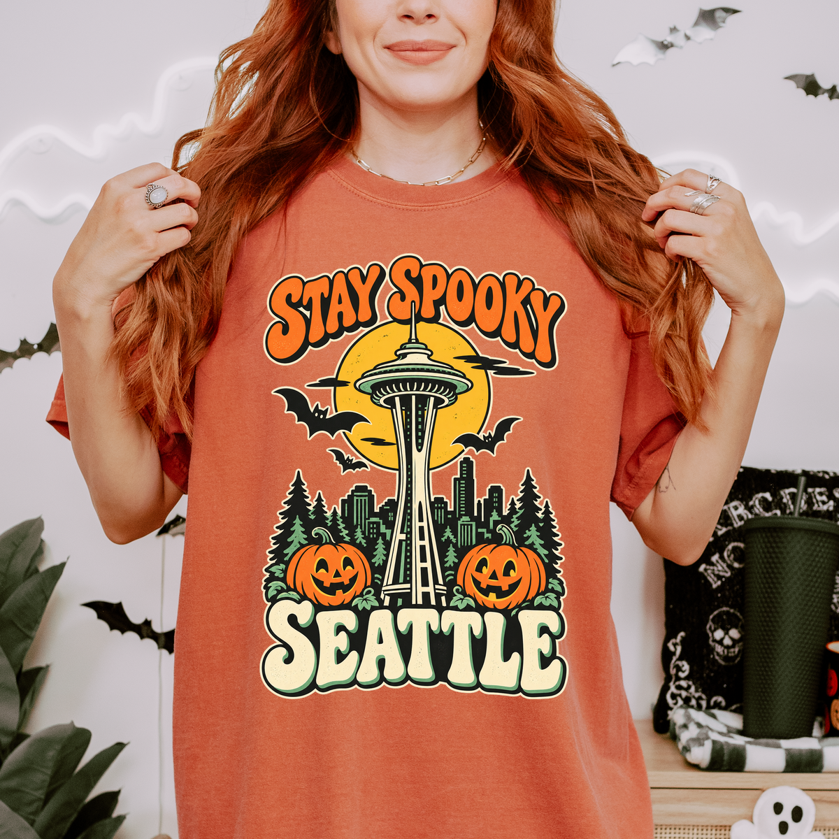 Seattle Halloween T-Shirt, Space Needle Pumpkin Scene, Retro 1950s Cartoon, Comfort Colors Washington Souvenir