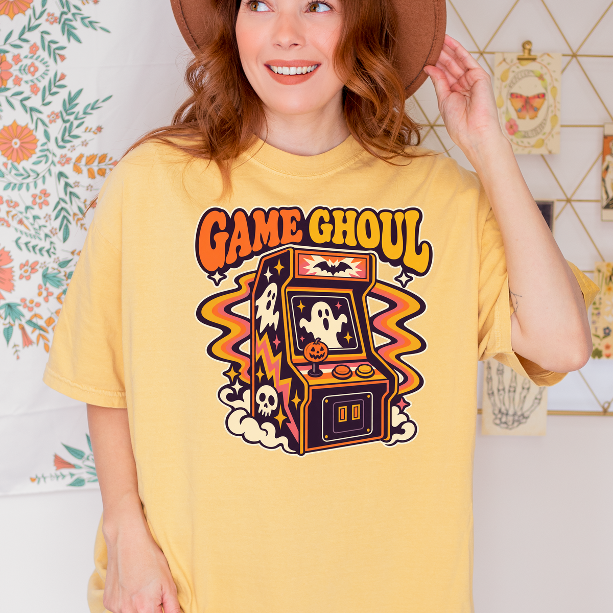 Haunted Arcade Halloween T-Shirt, Game Ghoul Cabinet, 1970s Psychedelic Pumpkin Joystick, Comfort Colors