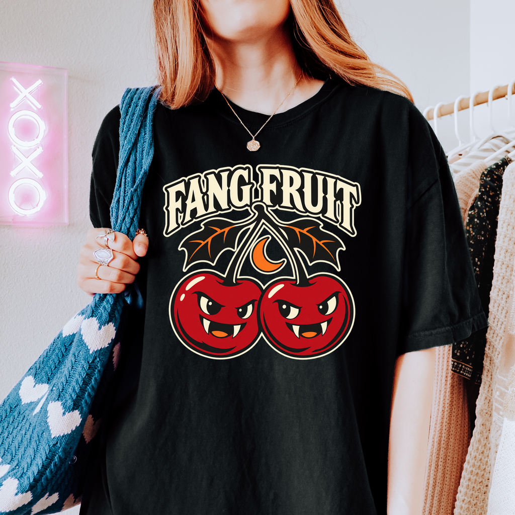 Vampire Cherry Halloween T-shirt, Fang Fruit with Bat-Shaped Leaves, Minimalist Silhouette, Comfort Colors
