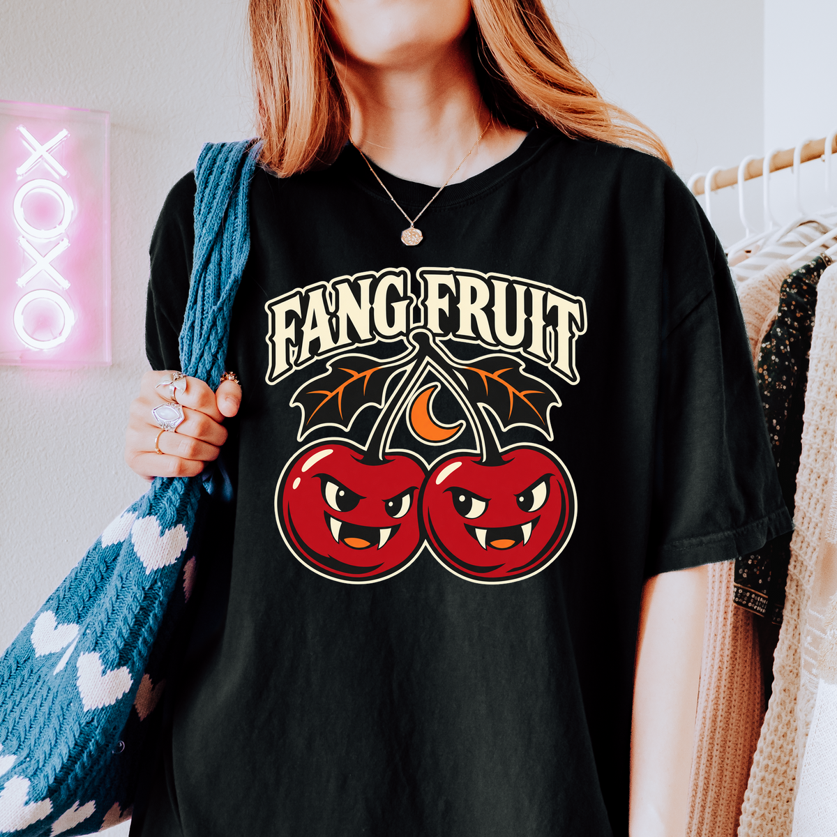 Vampire Cherry Halloween T-shirt, Fang Fruit with Bat-Shaped Leaves, Minimalist Silhouette, Comfort Colors