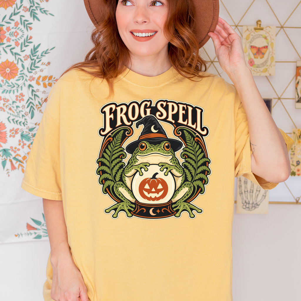 Frog Halloween T-Shirt, Fortune Teller Crystal Ball and Pumpkin, Art Nouveau Botanical Comfort Colors