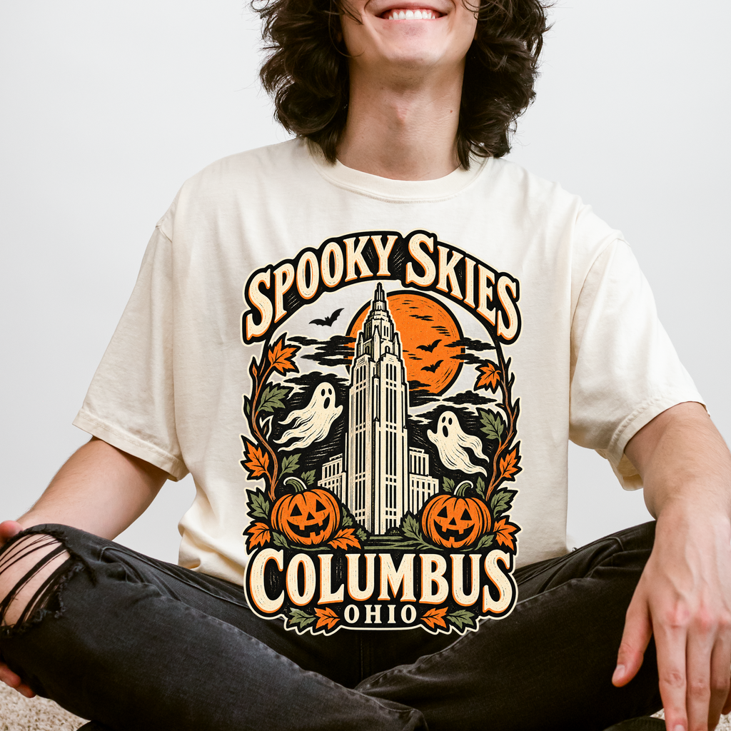 Columbus Halloween T-Shirt, LeVeque Tower Moon and Ghosts, Woodcut Folk Art, Comfort Colors Ohio Souvenir