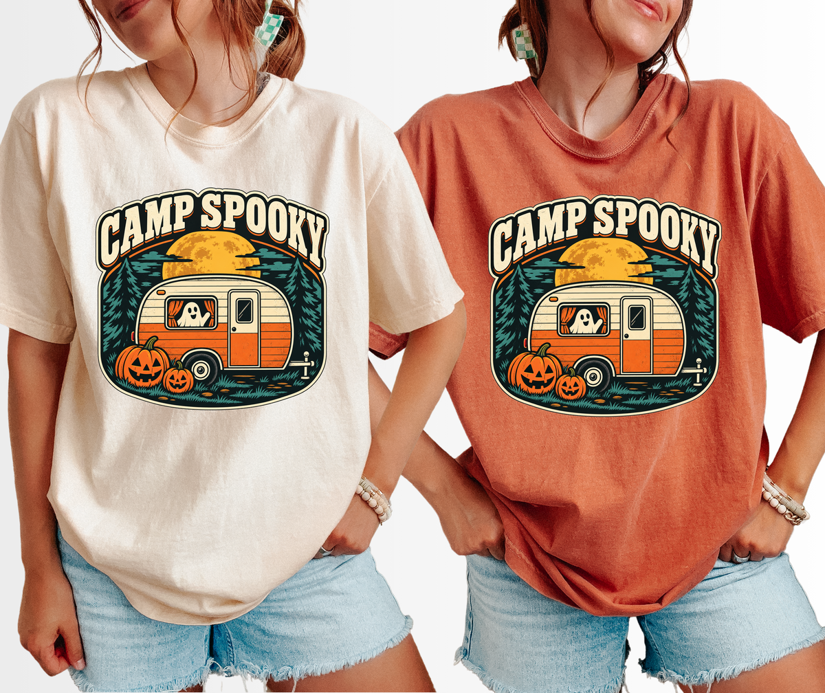 Pumpkin Camper Halloween T-Shirt, Camp Spooky Ghost Trailer, Retro Harvest Moon, Comfort Colors