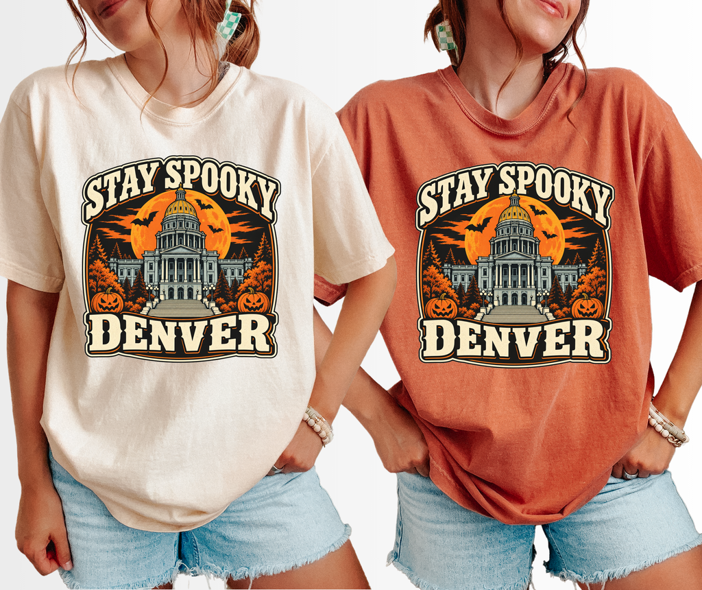 Denver Halloween T-Shirt, Colorado State Capitol, Comfort Colors Retro Pumpkin Souvenir, Spooky Season Bats