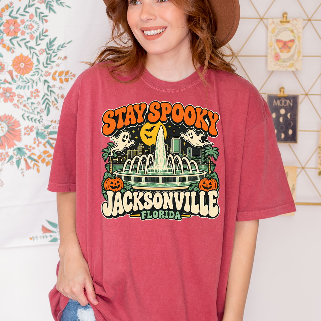 Jacksonville Halloween T-Shirt, Friendship Fountain Retro Ghost and Pumpkin Design, Florida Comfort Colors Souvenir
