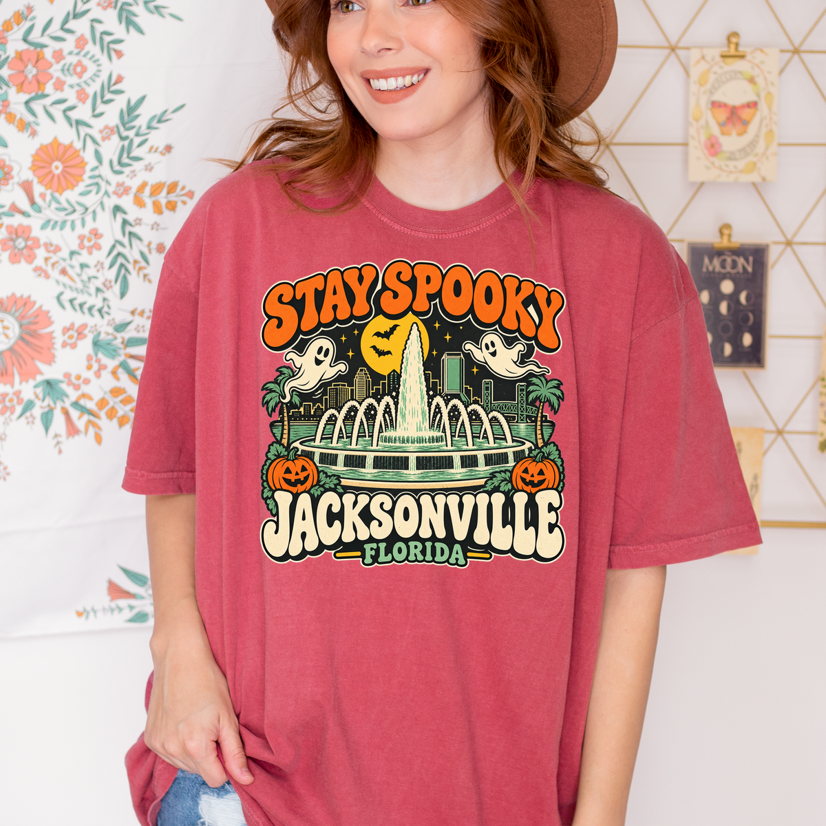 Jacksonville Halloween T-Shirt, Friendship Fountain Retro Ghost and Pumpkin Design, Florida Comfort Colors Souvenir