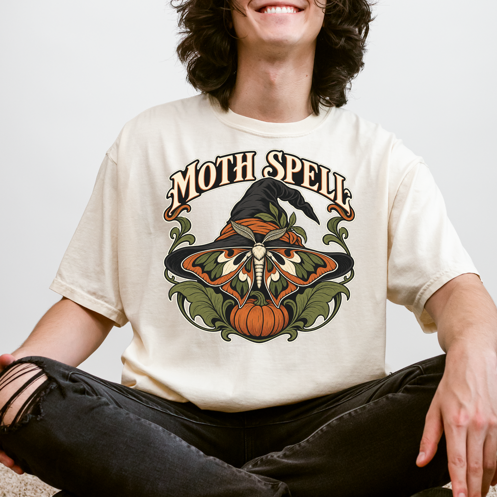 Moth Wing Witch Hat Halloween T-Shirt, Art Nouveau Pumpkin Botanical Design, Comfort Colors Spooky Season