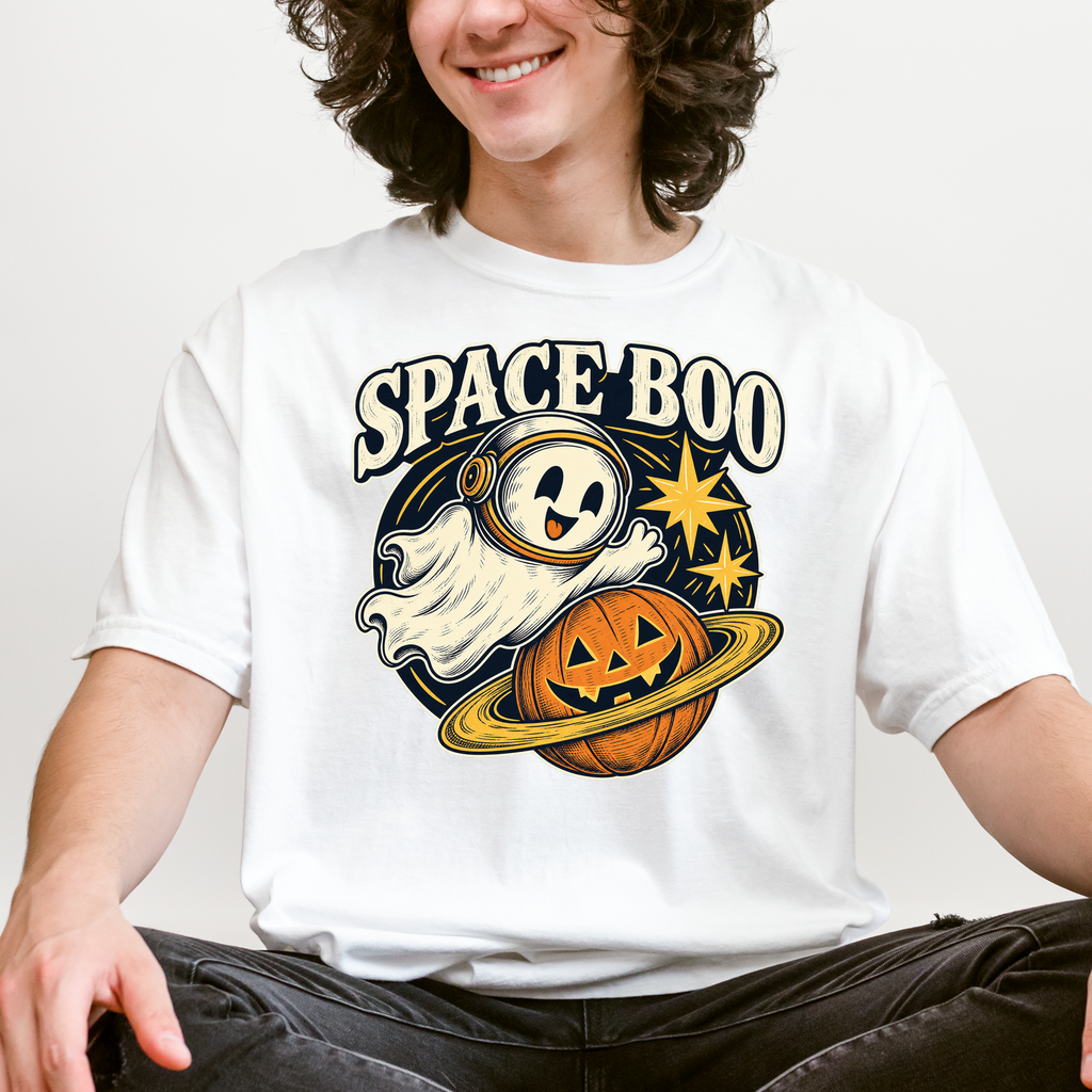 Ghost Astronaut Halloween T-Shirt, Space Boo Pumpkin Planet, Celestial Antique Line Art, Comfort Colors