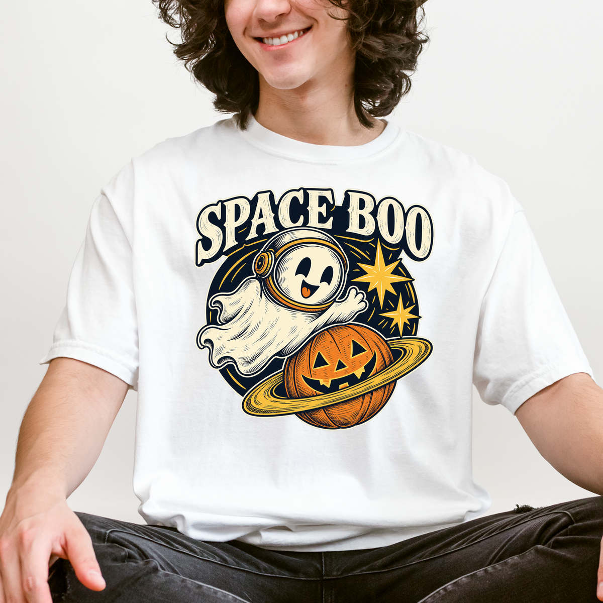 Ghost Astronaut Halloween T-Shirt, Space Boo Pumpkin Planet, Celestial Antique Line Art, Comfort Colors