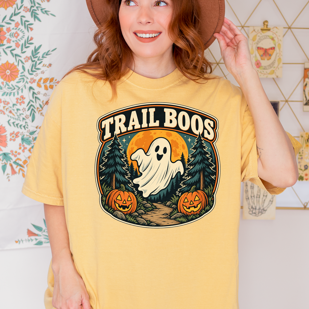 Ghost Halloween T-Shirt, Trail Boos Forest Badge, Retro Pine Trees, Jack-o-Lanterns and Harvest Moon, Comfort Colors
