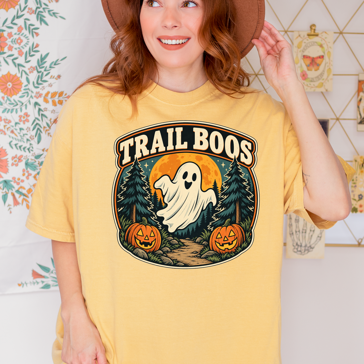 Ghost Halloween T-Shirt, Trail Boos Forest Badge, Retro Pine Trees, Jack-o-Lanterns and Harvest Moon, Comfort Colors
