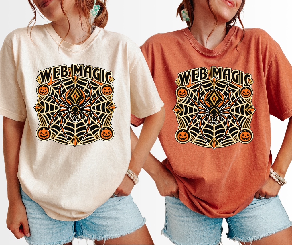 Spider Web Halloween T-Shirt, Web Magic Art Deco Mandala, Pumpkin Medallions, Comfort Colors Spooky Season