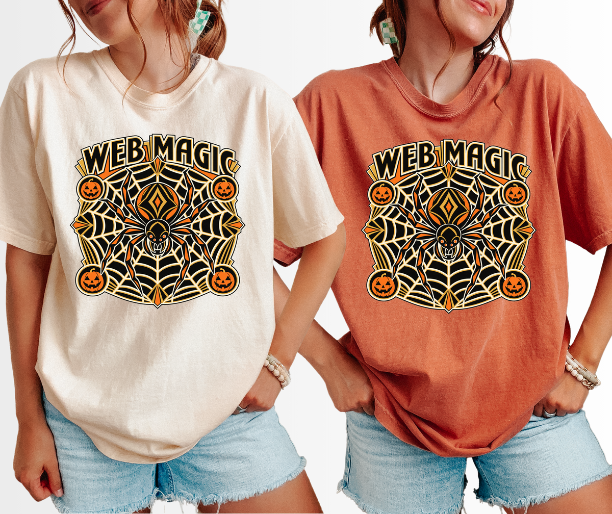 Spider Web Halloween T-Shirt, Web Magic Art Deco Mandala, Pumpkin Medallions, Comfort Colors Spooky Season