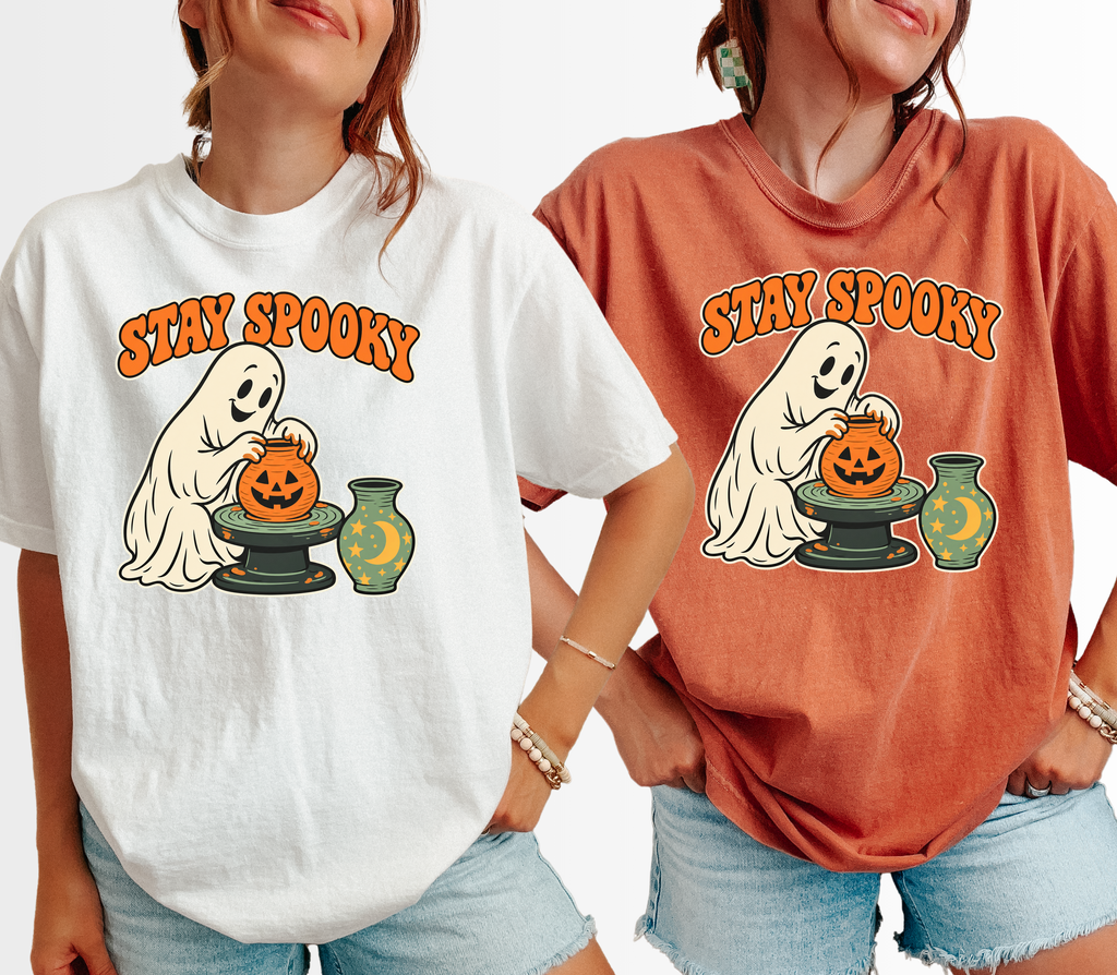 Ghost Pottery Halloween T-Shirt, Stay Spooky Pumpkin Clay Pot, Retro 1950s Cartoon, Comfort Colors Spooky Season