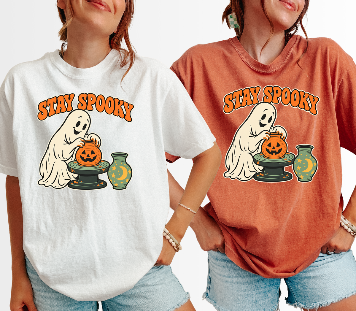 Ghost Pottery Halloween T-Shirt, Stay Spooky Pumpkin Clay Pot, Retro 1950s Cartoon, Comfort Colors Spooky Season