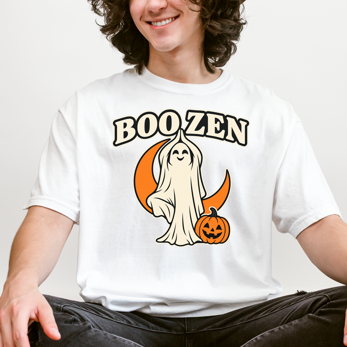 Ghost Yoga Halloween T-Shirt, Boo Zen Tree Pose, Minimalist Pumpkin and Crescent Design, Comfort Colors