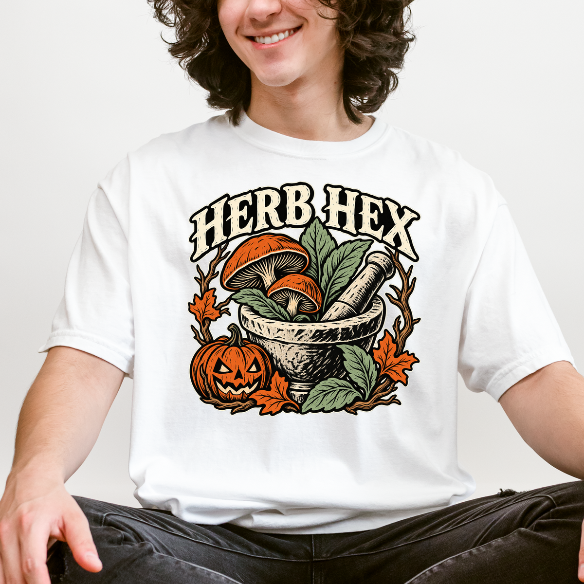 Witch's Apothecary Halloween T-Shirt, Herb Hex Mortar and Mushroom Woodcut, Pumpkin Folk Art, Comfort Colors