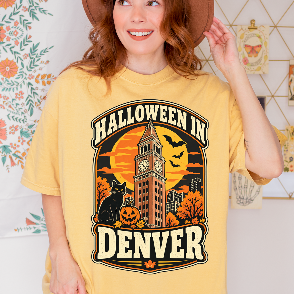 Denver Halloween T-Shirt, Daniels and Fisher Tower, Comfort Colors, Retro Black Cat and Pumpkin Souvenir