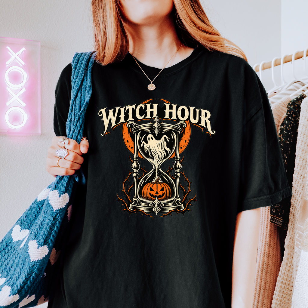Haunted Hourglass Halloween T-Shirt, Witch Hour Ghost and Pumpkin, Gothic Woodcut Spooky Season Comfort Colors