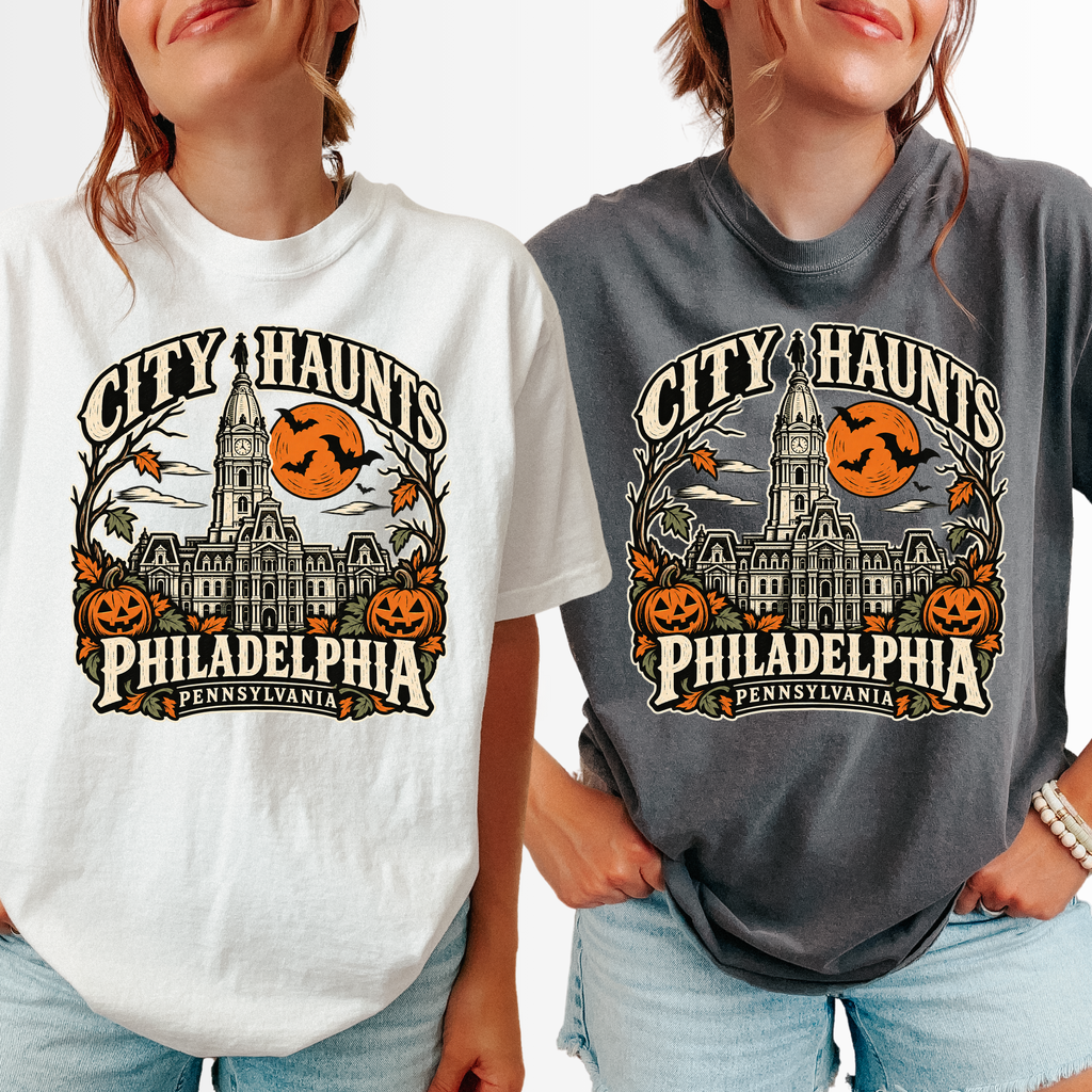 Philadelphia Halloween T-Shirt, City Hall Woodcut Folk Art, Pumpkin Lanterns, Pennsylvania Souvenir, Comfort Colors
