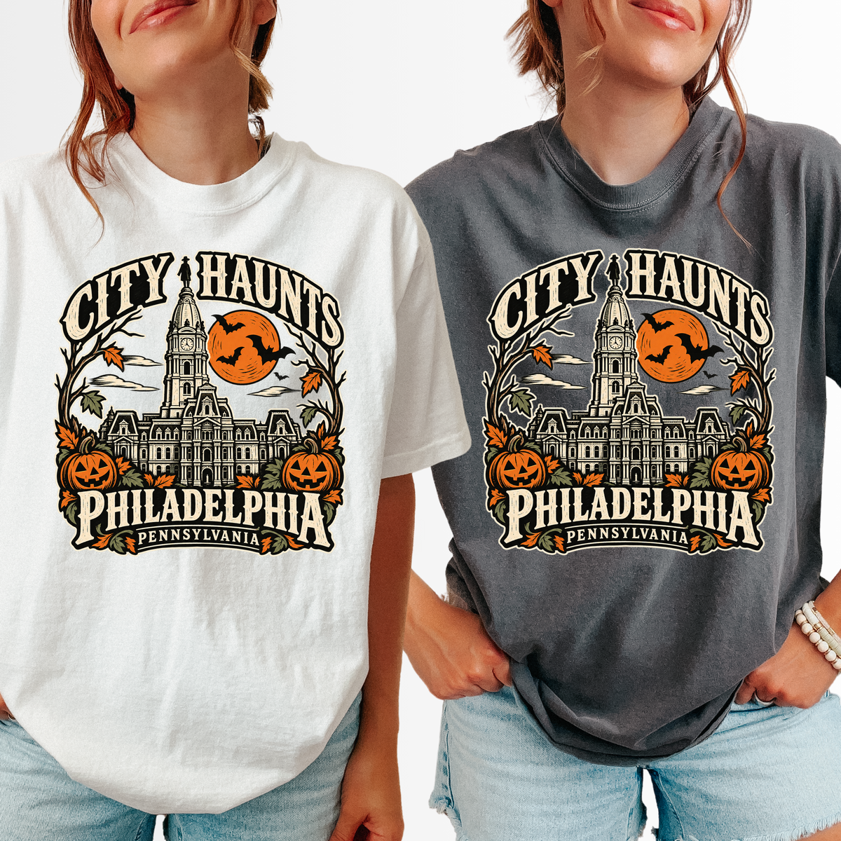 Philadelphia Halloween T-Shirt, City Hall Woodcut Folk Art, Pumpkin Lanterns, Pennsylvania Souvenir, Comfort Colors