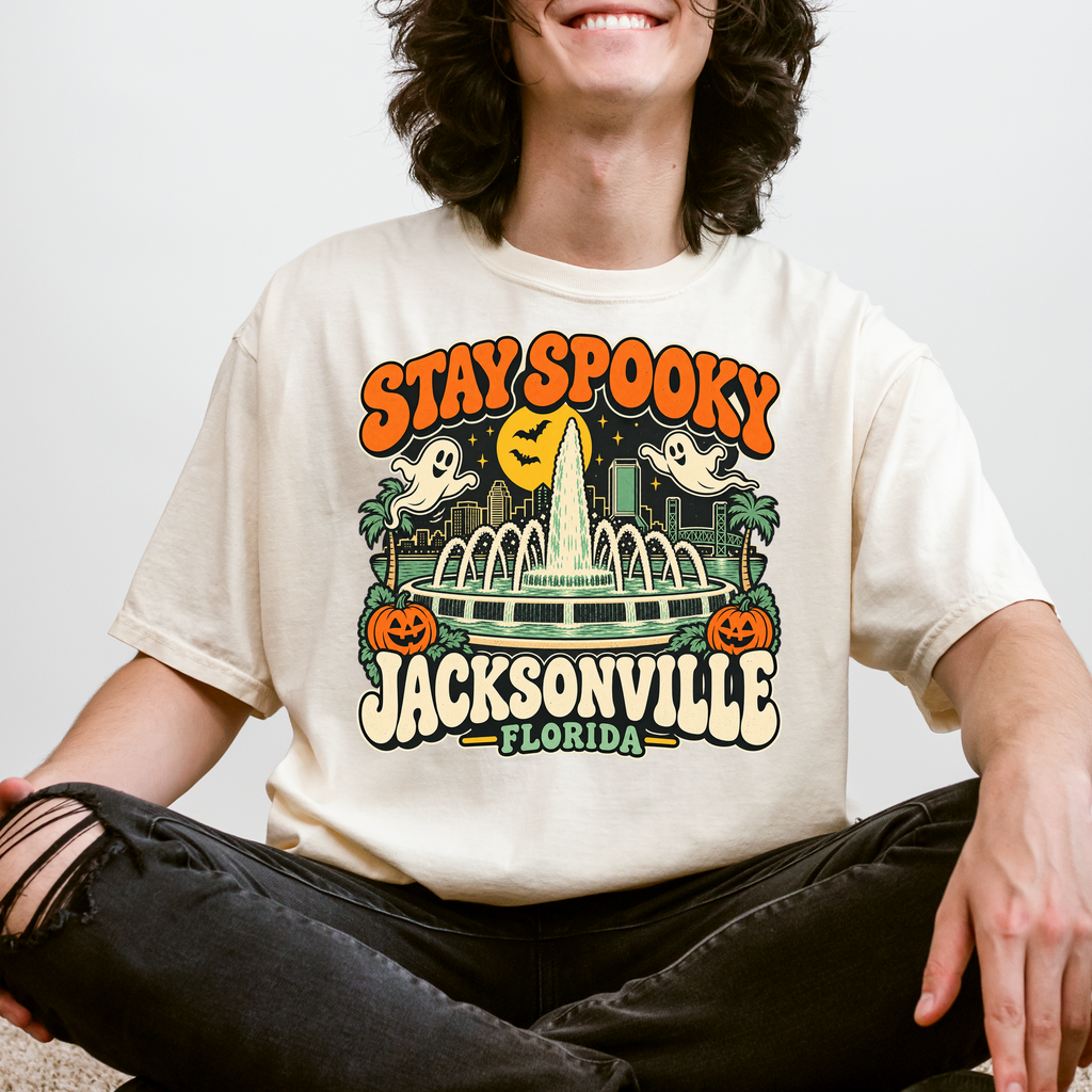 Jacksonville Halloween T-Shirt, Friendship Fountain Retro Ghost and Pumpkin Design, Florida Comfort Colors Souvenir
