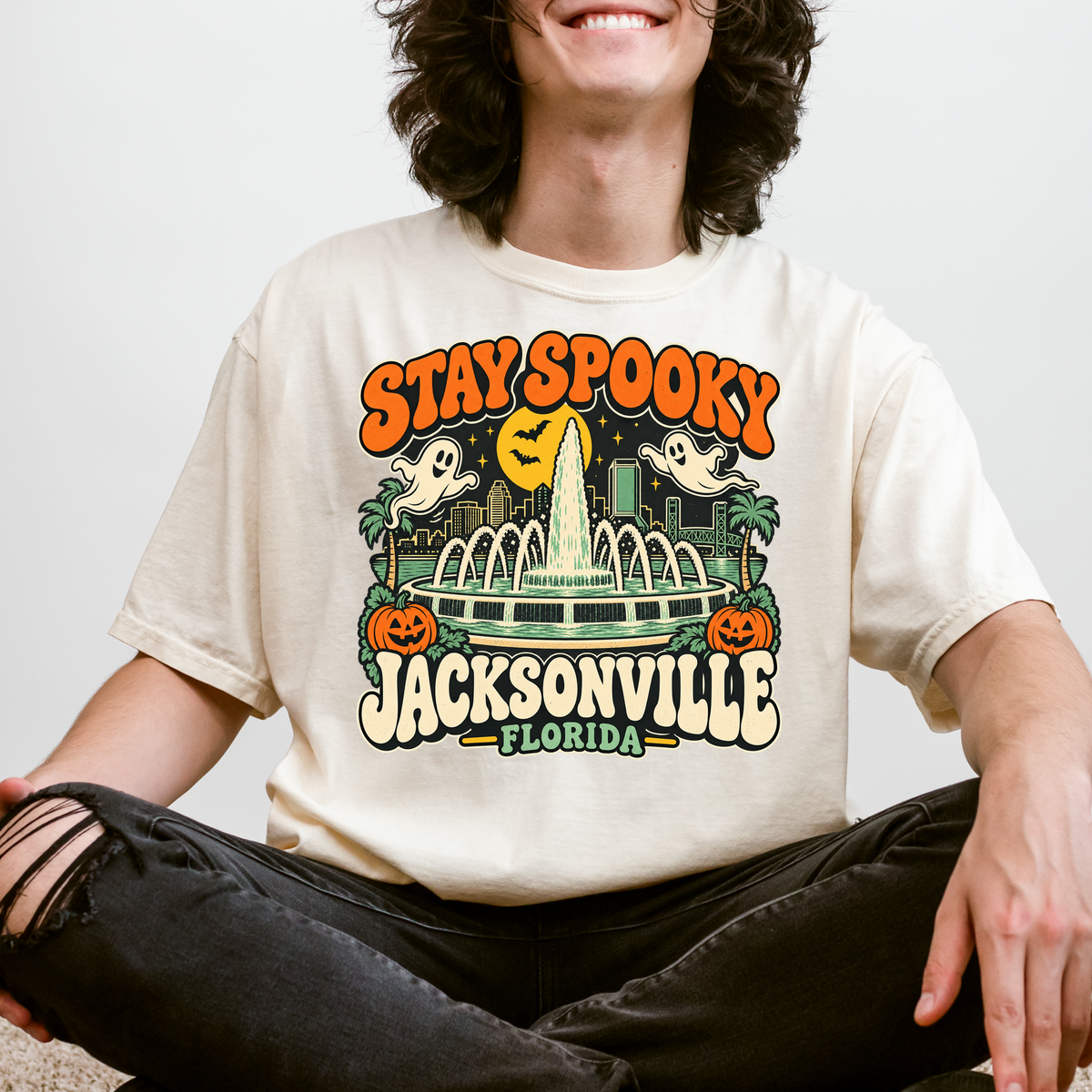 Jacksonville Halloween T-Shirt, Friendship Fountain Retro Ghost and Pumpkin Design, Florida Comfort Colors Souvenir