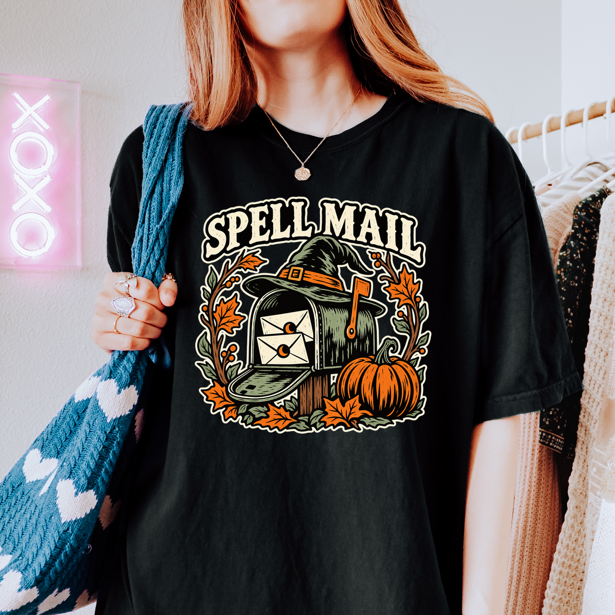 Witch Mailbox Halloween T-Shirt, Spell Mail with Pumpkin, Woodcut Folk Art, Comfort Colors Spooky Season