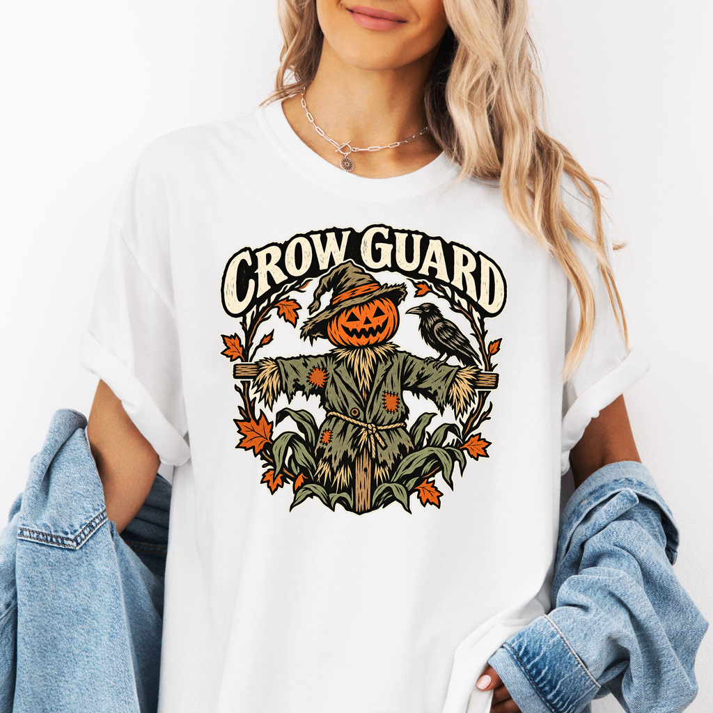 Scarecrow Halloween T-Shirt, Crow Guard Pumpkin Design, Woodcut Folk Art, Comfort Colors Spooky Season