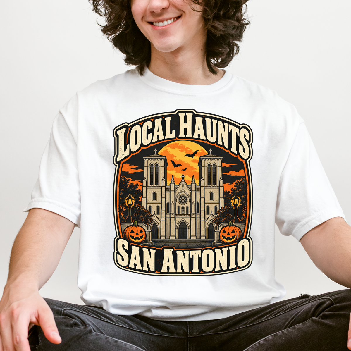 San Antonio Halloween T-Shirt, San Fernando Cathedral, Comfort Colors Retro Souvenir, Harvest Moon and Pumpkins
