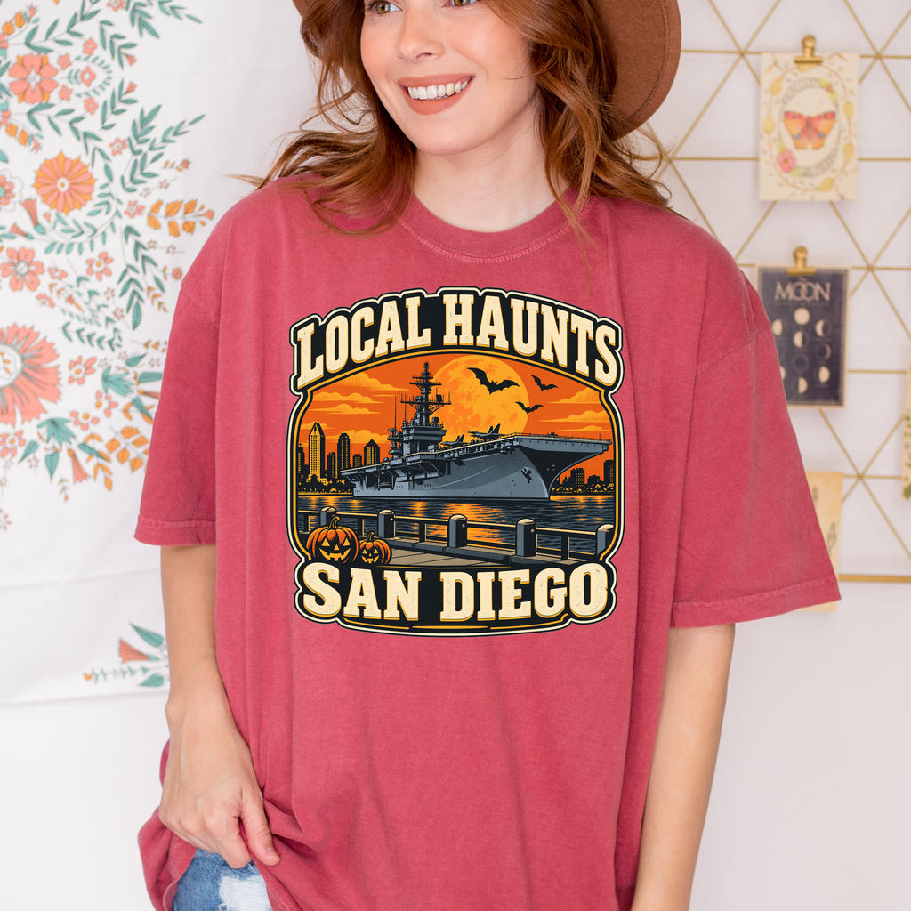 San Diego Halloween T-Shirt, USS Midway Harvest Moon, Comfort Colors Retro California Souvenir, Local Haunts