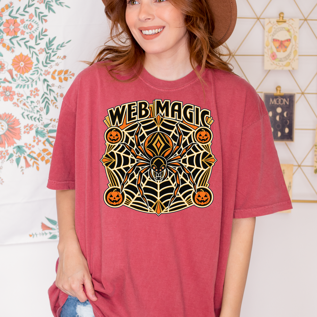 Spider Web Halloween T-Shirt, Web Magic Art Deco Mandala, Pumpkin Medallions, Comfort Colors Spooky Season