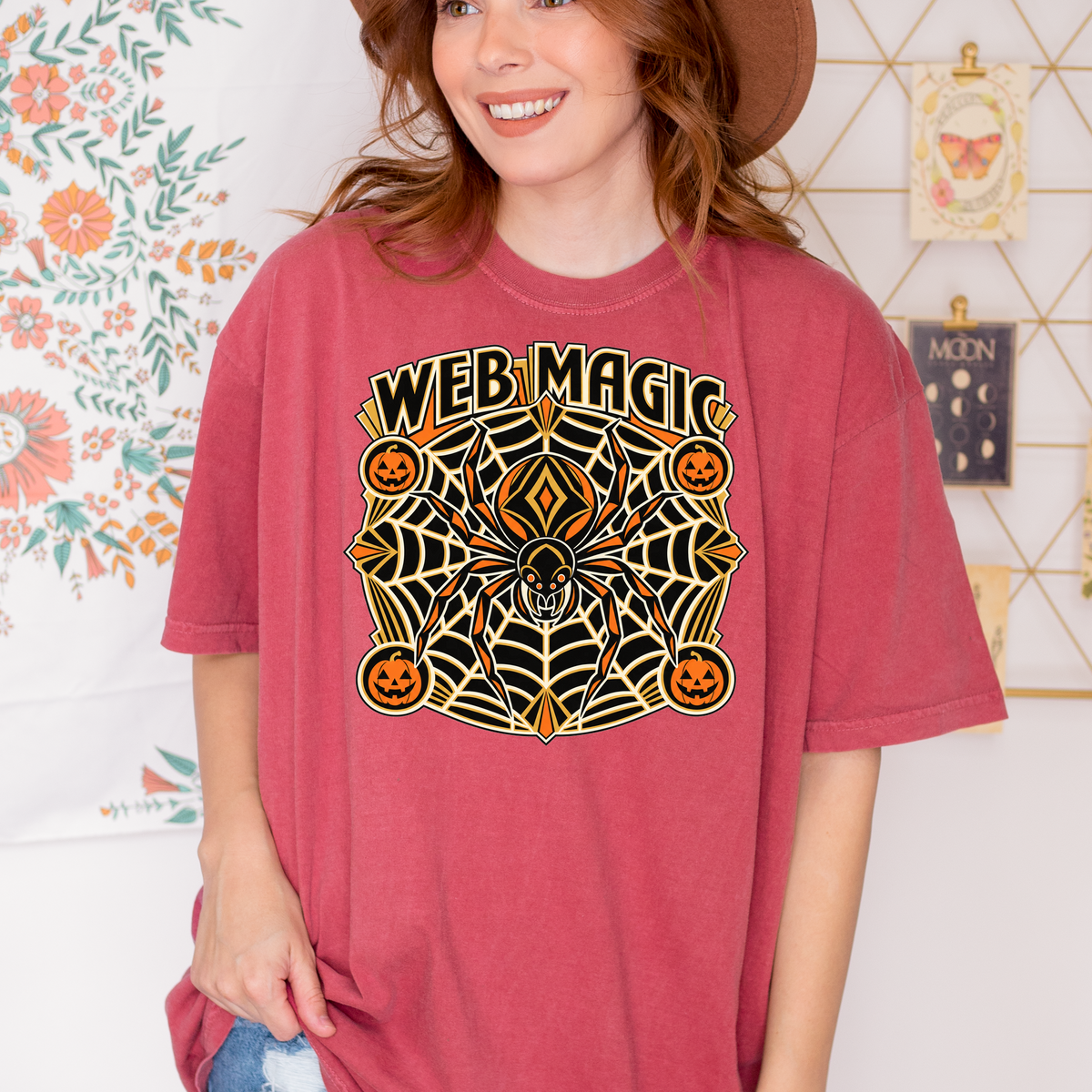 Spider Web Halloween T-Shirt, Web Magic Art Deco Mandala, Pumpkin Medallions, Comfort Colors Spooky Season