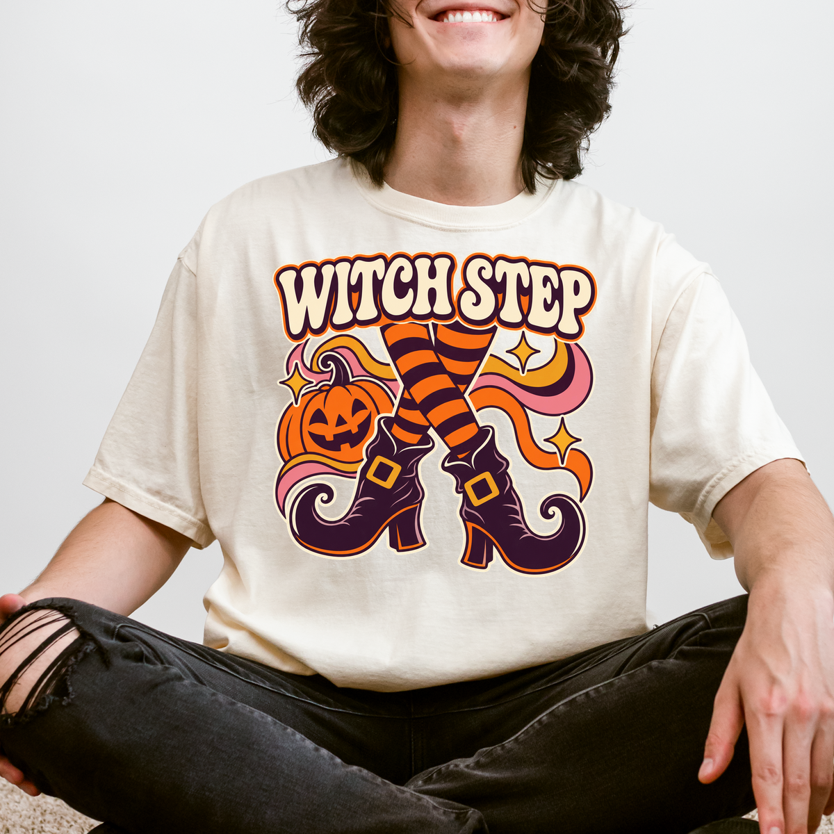 Dancing Witch Boots Halloween T-Shirt, Witch Step Pumpkin Design, 1970s Psychedelic Art, Comfort Colors