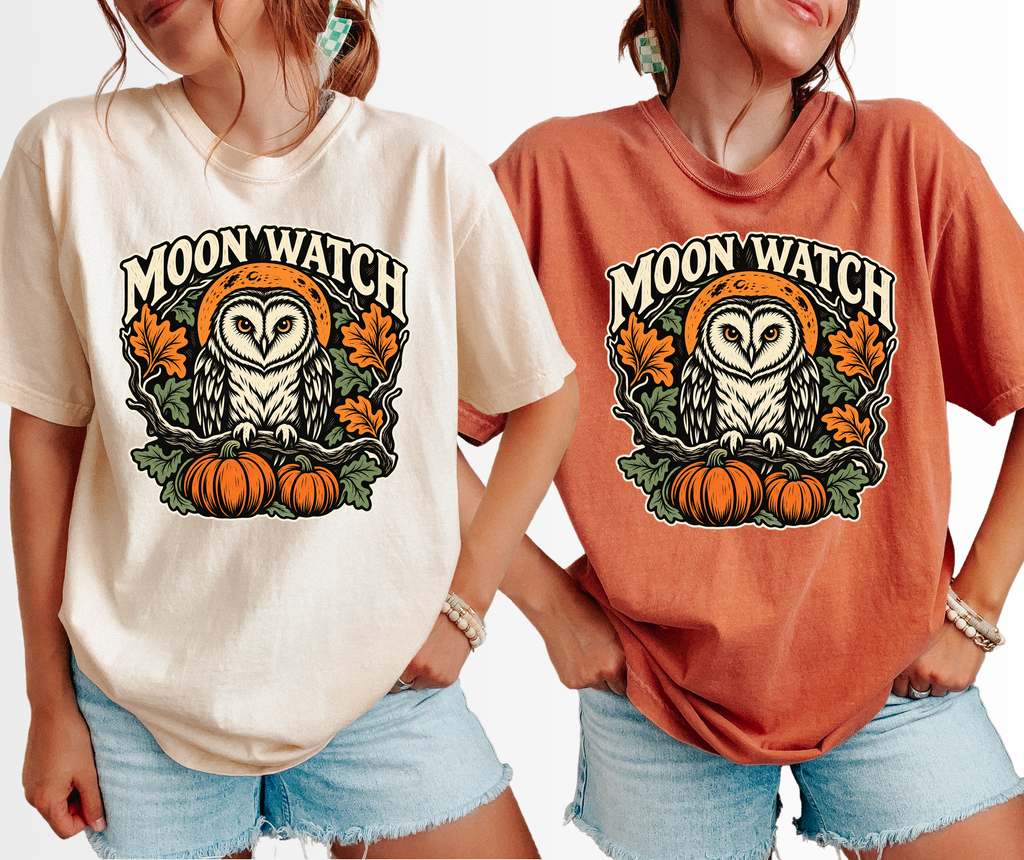 Owl Halloween T-Shirt, Moon Watch Pumpkin Woodcut Folk Art, Autumn Moon Comfort Colors