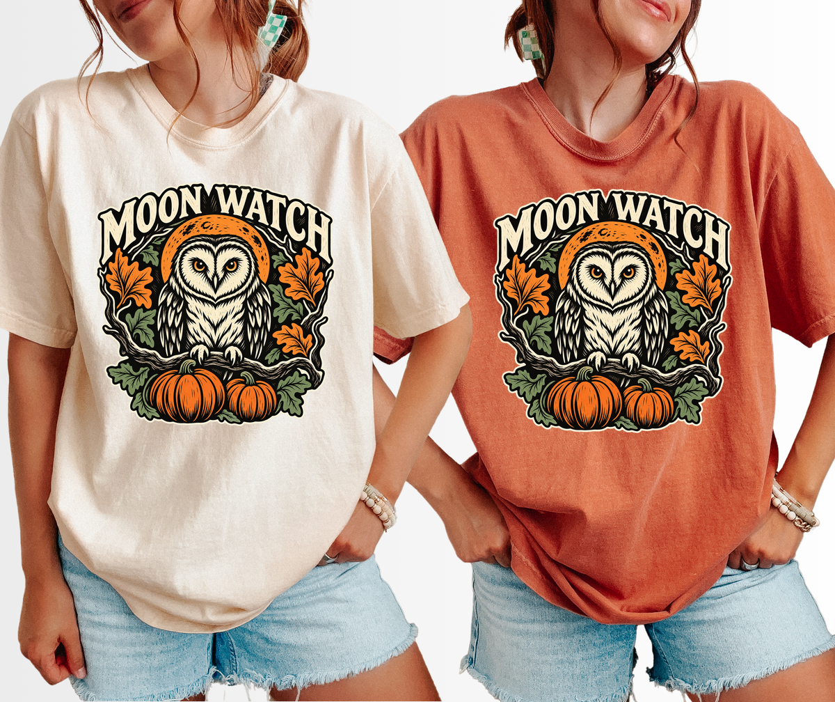 Owl Halloween T-Shirt, Moon Watch Pumpkin Woodcut Folk Art, Autumn Moon Comfort Colors