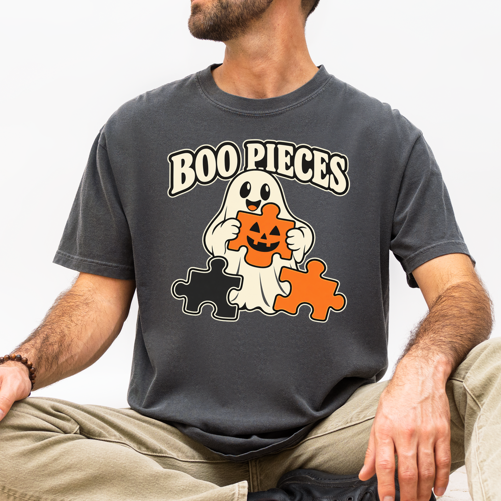 Ghost Halloween T-Shirt, Boo Pieces Pumpkin Puzzle Design, Minimalist Spooky Season, Comfort Colors
