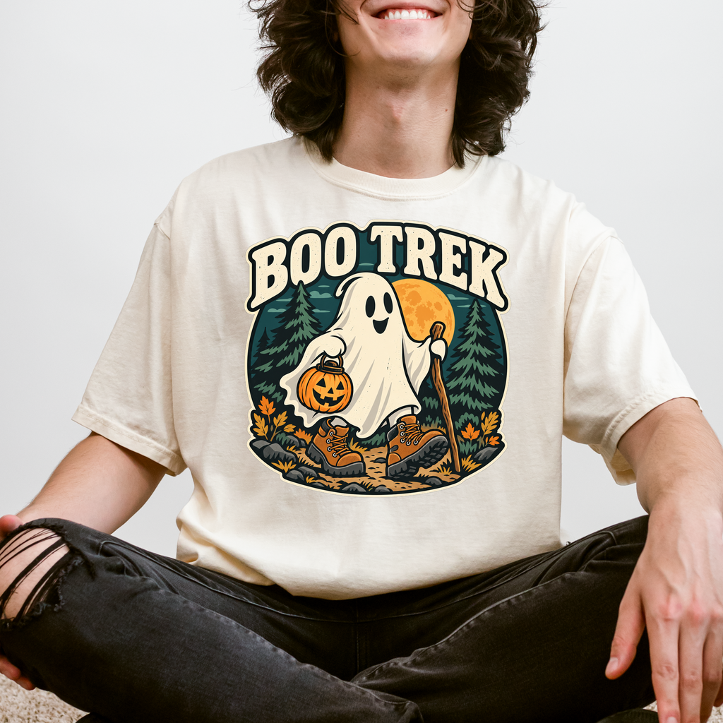 Ghost Hiking Halloween T-Shirt, Boo Trek Pumpkin Lantern, Retro Souvenir Badge, Comfort Colors