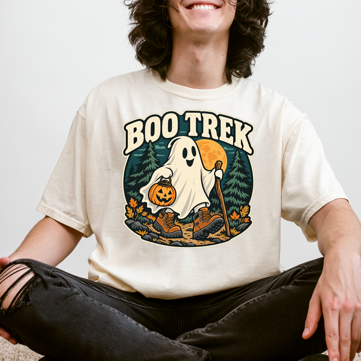 Ghost Hiking Halloween T-Shirt, Boo Trek Pumpkin Lantern, Retro Souvenir Badge, Comfort Colors