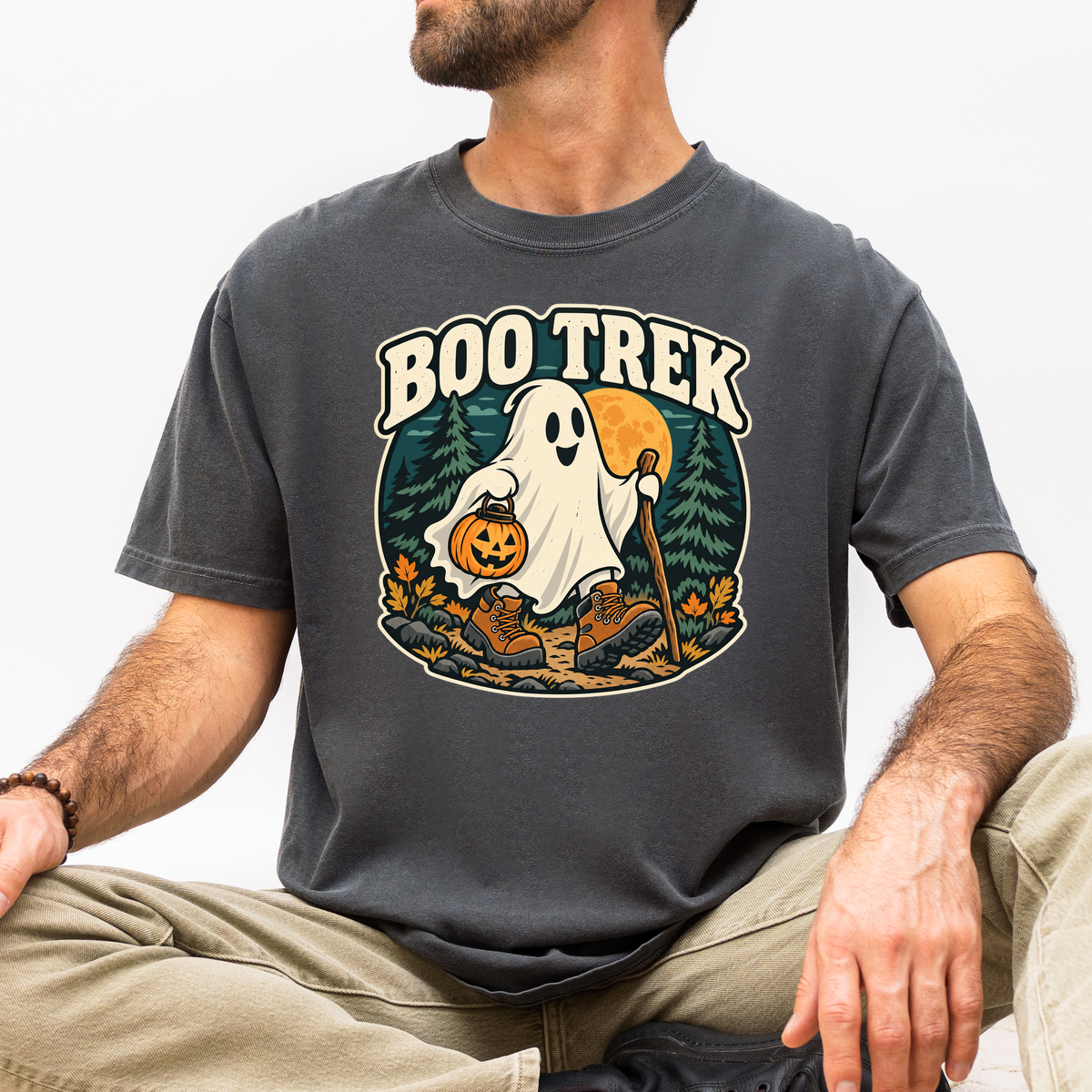 Ghost Hiking Halloween T-Shirt, Boo Trek Pumpkin Lantern, Retro Souvenir Badge, Comfort Colors