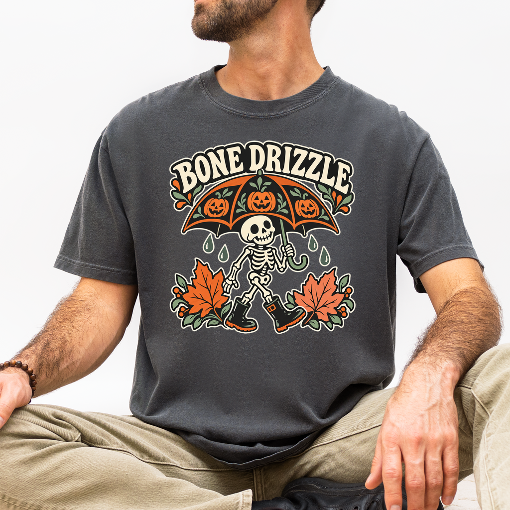 Skeleton Halloween T-Shirt, Bone Drizzle Pumpkin Umbrella, Folk Art Spooky Season, Comfort Colors
