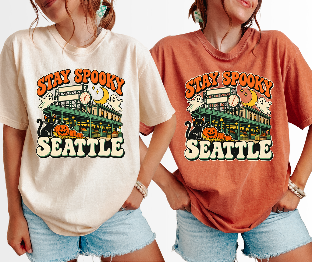 Seattle Halloween T-Shirt, Pike Place Market Black Cat and Ghosts, Retro Spooky Season Comfort Colors