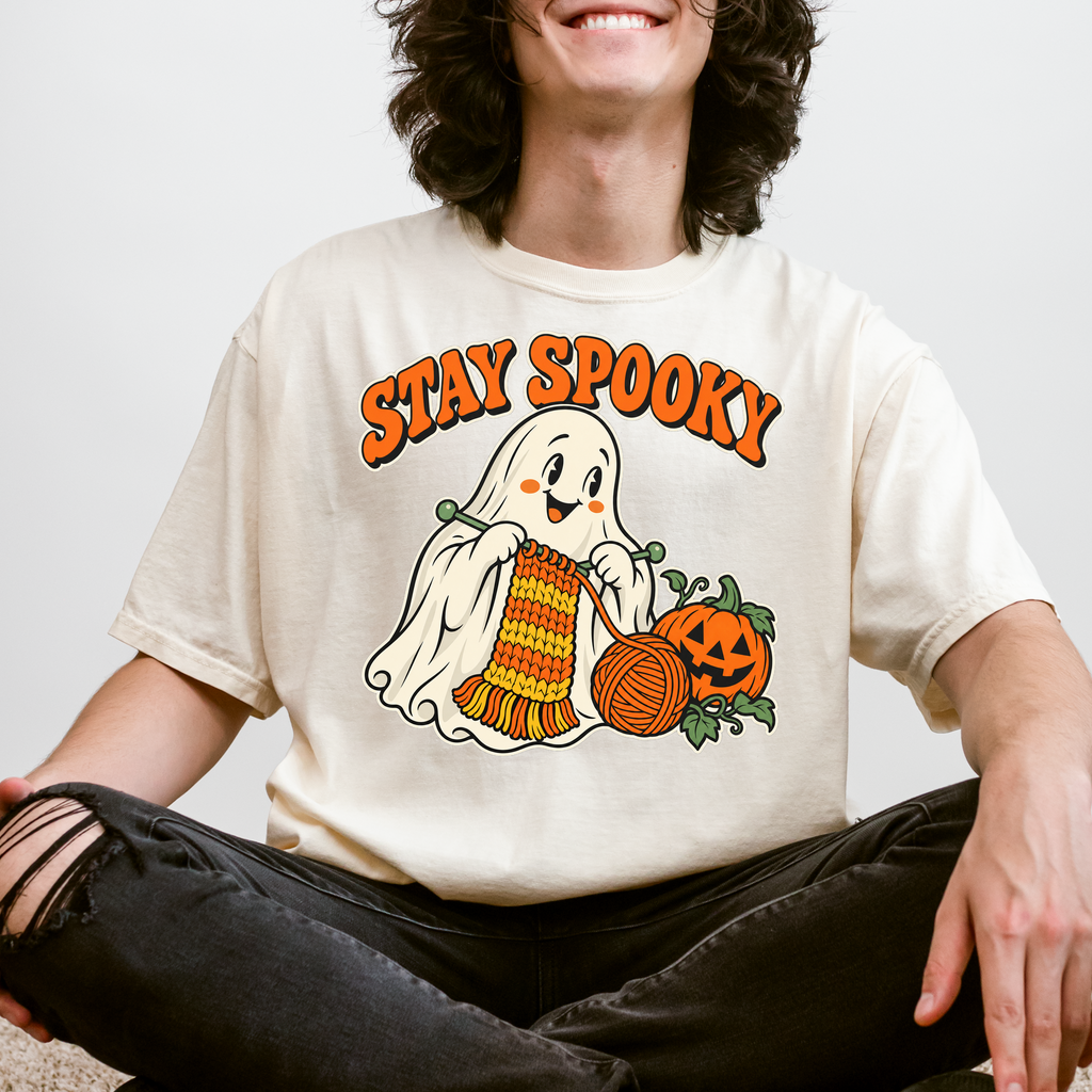 Ghost Halloween T-Shirt, Stay Spooky Knitting Design, Retro 1950s Cartoon Pumpkin, Comfort Colors