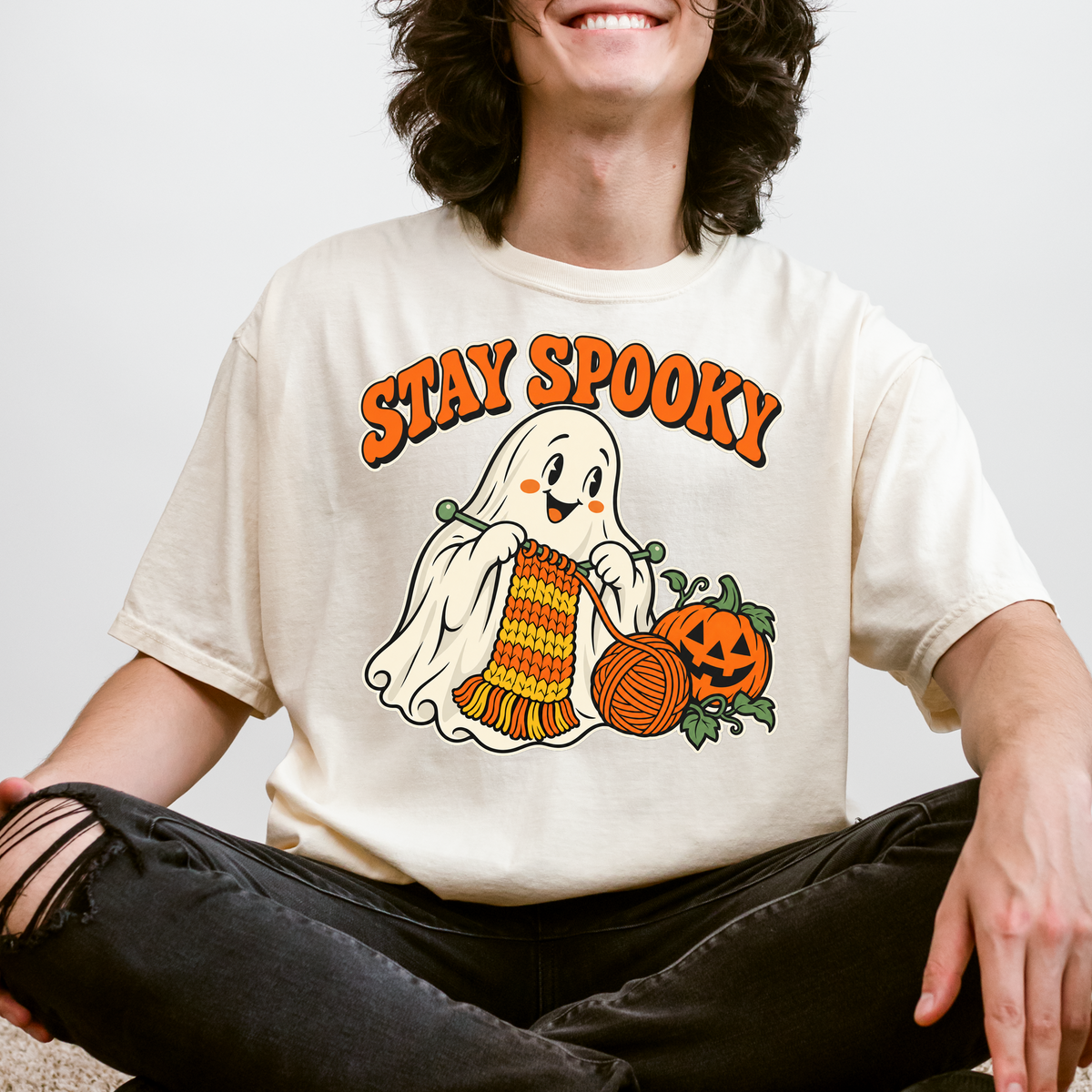 Ghost Halloween T-Shirt, Stay Spooky Knitting Design, Retro 1950s Cartoon Pumpkin, Comfort Colors