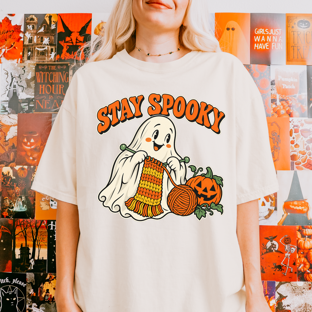 Ghost Halloween T-Shirt, Stay Spooky Knitting Design, Retro 1950s Cartoon Pumpkin, Comfort Colors