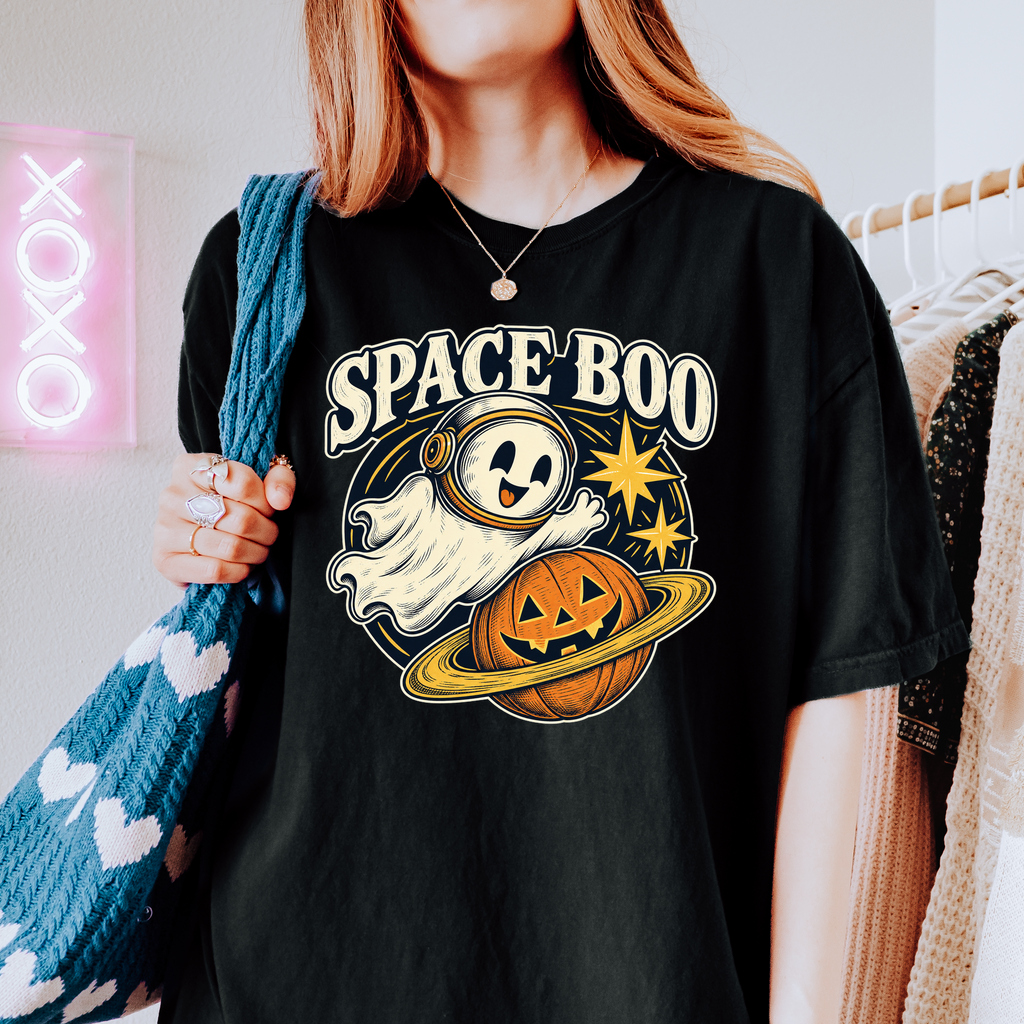 Ghost Astronaut Halloween T-Shirt, Space Boo Pumpkin Planet, Celestial Antique Line Art, Comfort Colors