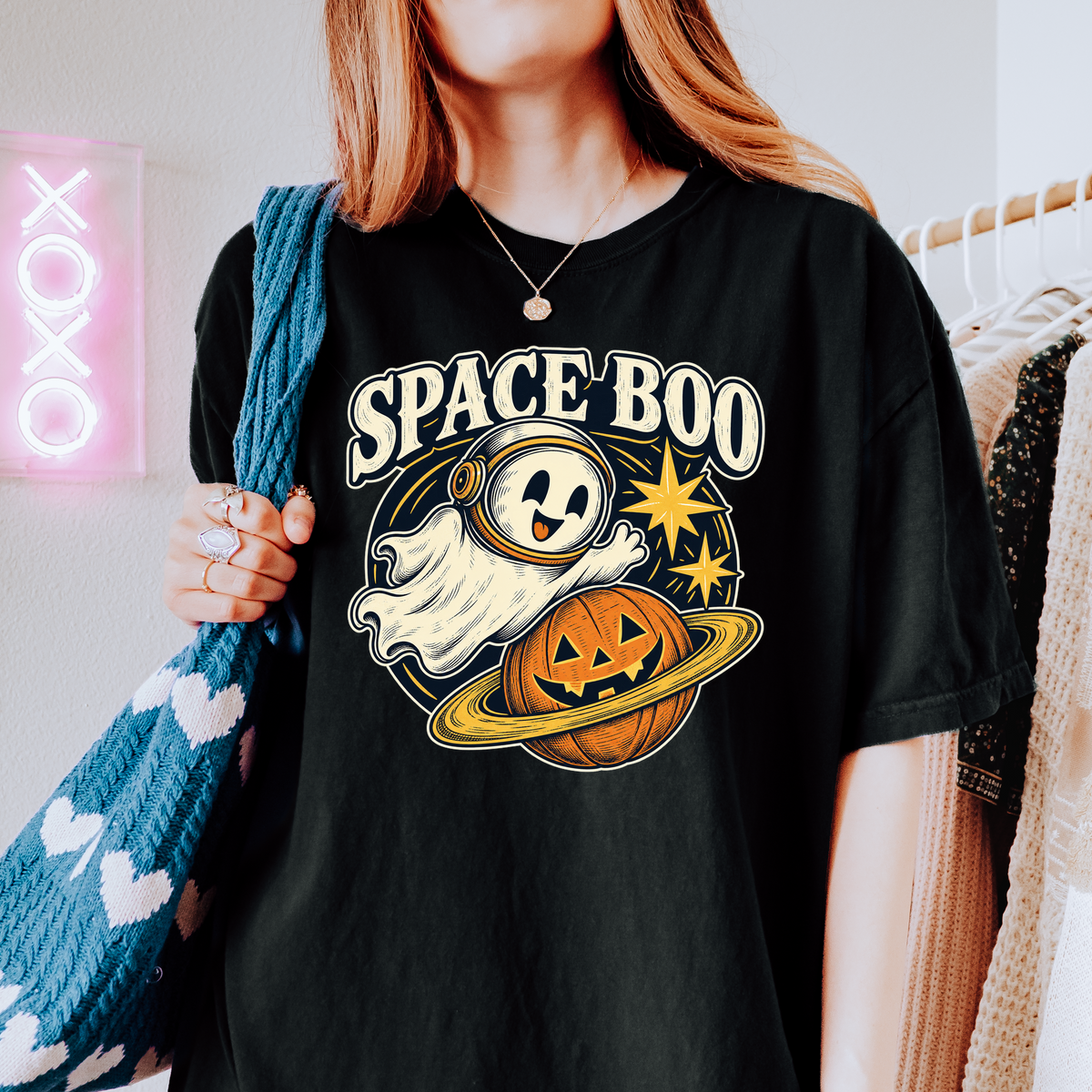 Ghost Astronaut Halloween T-Shirt, Space Boo Pumpkin Planet, Celestial Antique Line Art, Comfort Colors