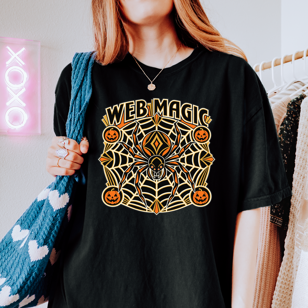 Spider Web Halloween T-Shirt, Web Magic Art Deco Mandala, Pumpkin Medallions, Comfort Colors Spooky Season