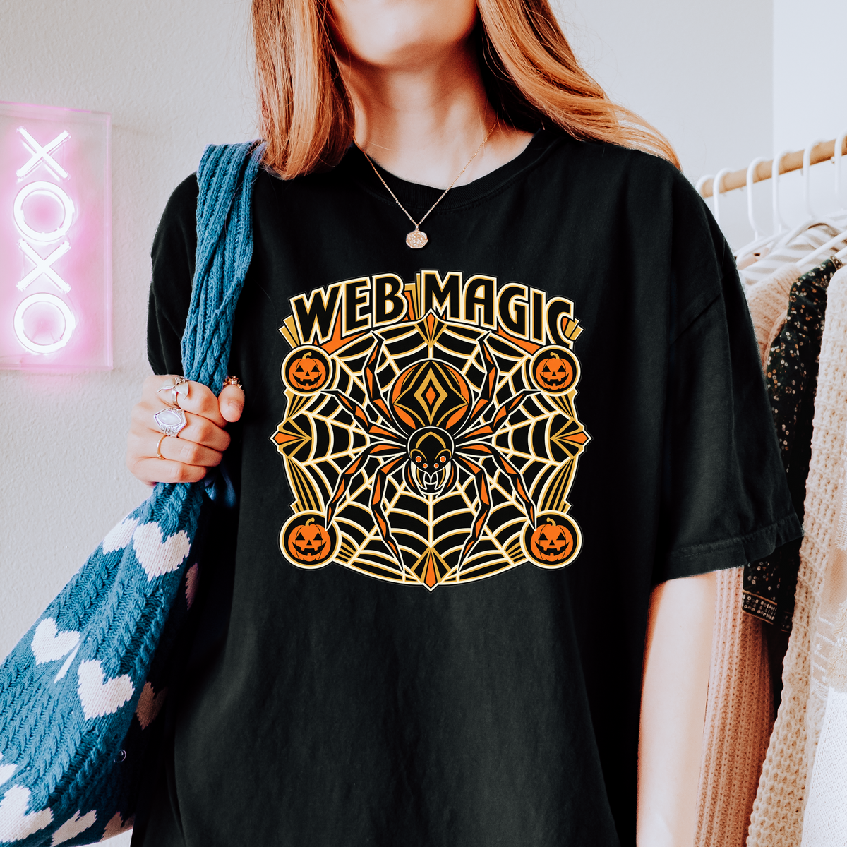 Spider Web Halloween T-Shirt, Web Magic Art Deco Mandala, Pumpkin Medallions, Comfort Colors Spooky Season