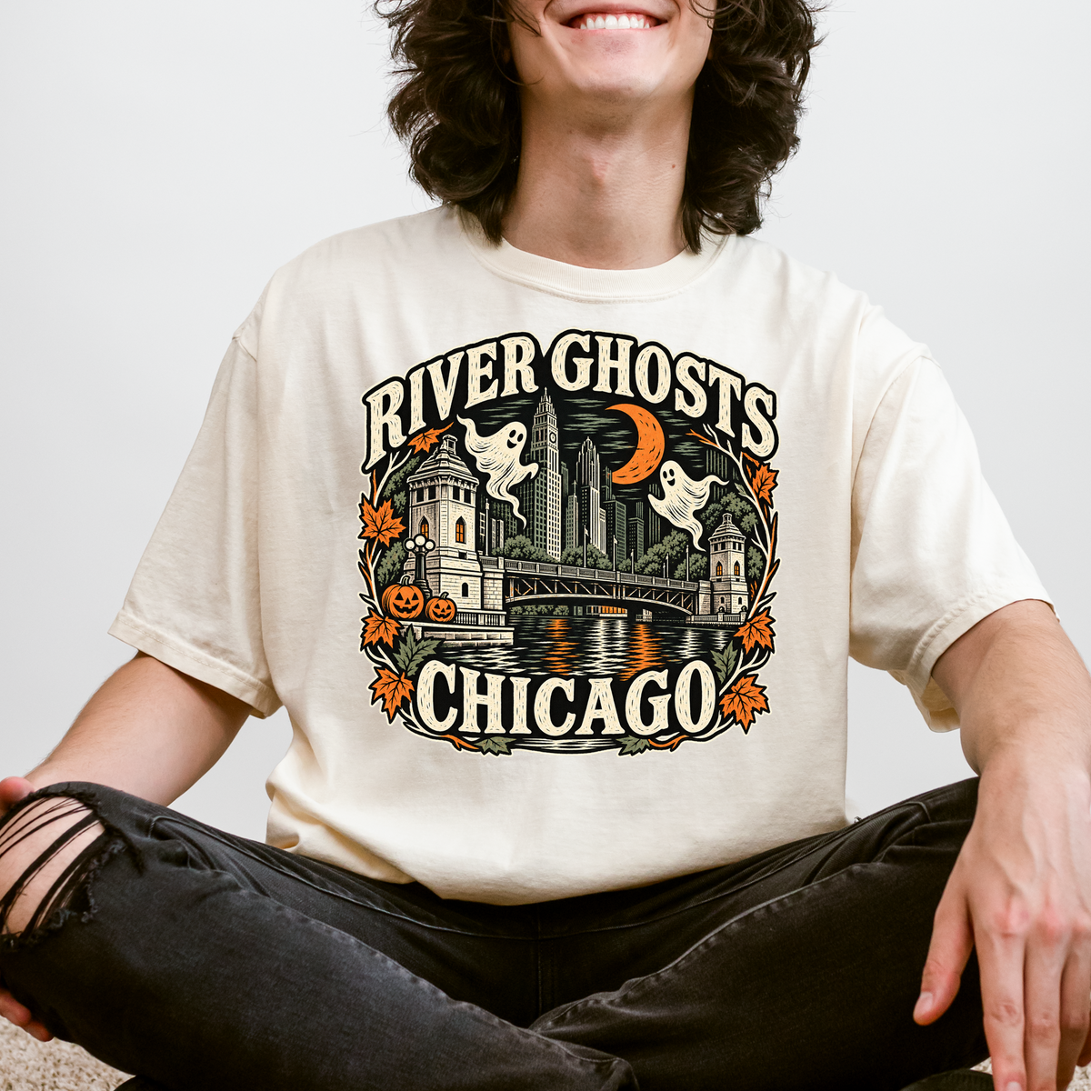 Chicago Halloween T-Shirt, DuSable Bridge River Ghosts, Comfort Colors Folk Art, Illinois Spooky Season Souvenir